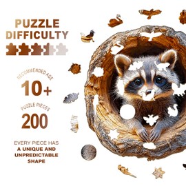 Wooden Jigsaw Puzzles, Tree Hole Raccoon Wooden Puzzles for Adults with Unique Shape, Adult Jigsaw Puzzle, Birthday Gifts for Adults, 11.4"x11" - 200pcs
