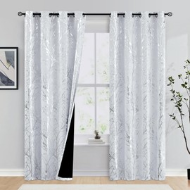 FMFUNCTEX 100% Blackout Curtain Silver Foil Branch Curtains for Bedroom, Curtain 96 Inches Long Tree Curtains for Living Room, Room Darkening Thermal Insulated Window Drapes, Grommet Top 2 Panels