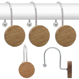 Shower Curtain Hooks, Wood Decorative Shower Curtain Rings, Modern Round Log Shower Curtain Hangers, 12PCS Metal Shower Hooks for Shower Curtain Rod, Bathroom, Bedroom, Living Room (Silvery)