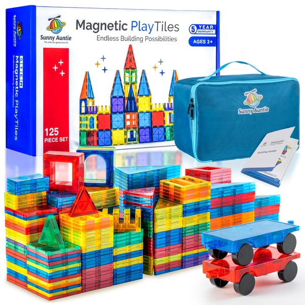 SUNNY AUNTIE Magnetic Tiles 125 PCS+ Bonus Zippered CASE, Kids