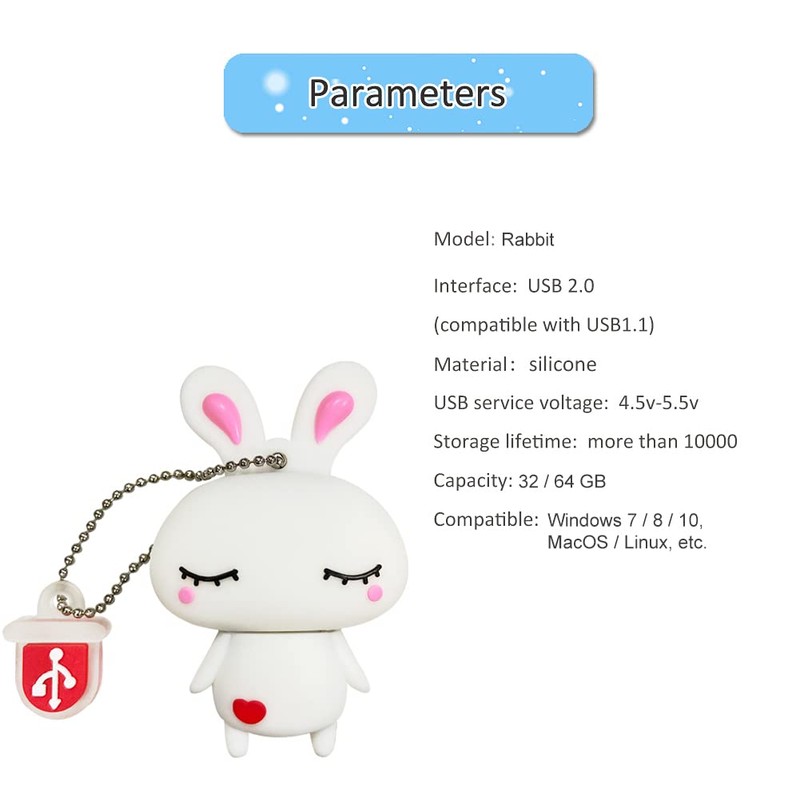 BorlterClamp Cute USB Flash Drive in Rabbit Shape 64GB Novelty