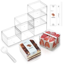 FZJ 16 Pack 15OZ Square Clear Plastic Dessert Cups with Lids and Sporks&Stickers Disposable Fruit Cups for Dessert,Tiramisu container with lid,Cupcake,Parfait,Pudding,Iced Cold Drinks,Fruits,Bakeries