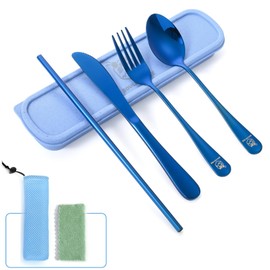 Boulder Bee | Travel Utensils Set | Reusable Camping Cutlery Set | Stainless Steel Flatware Set | Portable Silverware Set with Case | Includes Knife/Fork/Spoon/Straw/Cleaning Cloth/Case (Blue)