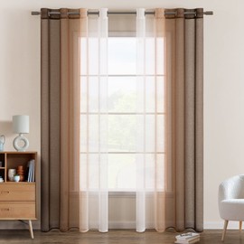 EMEMA Voile Curtains, Two-Tone, with Eyelets, Transparent, Eyelets, Translucent, Window Scarf for Bedroom, Set of 2, 140 x 260 cm, White/Light Coffee