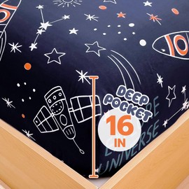 Homilay Twin Sheets Set Kids - 3 Pieces Space Rocket Universe Navy Sheets for Boys, Girls, Teens, Toddler, Easy Fit Deep Pockets, Breathable, Wrinkle-Free, Cozy Soft Cartoon Print Cute Bed Sheets