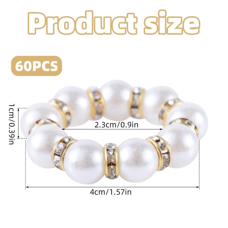 60pcs Pearl Napkin Rings, Metal Elegant Beaded Napkin Rings Holders