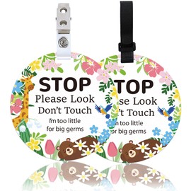 ORIGACH 2 Pack Animal and Flower Stop Don't Touch Baby Signs, Stop Do Not Touch Baby Car Seat Sign Stroller Tags with Hanging Strap and Clip, No Touching Baby Sign for Newborn Neutral Baby Preemie