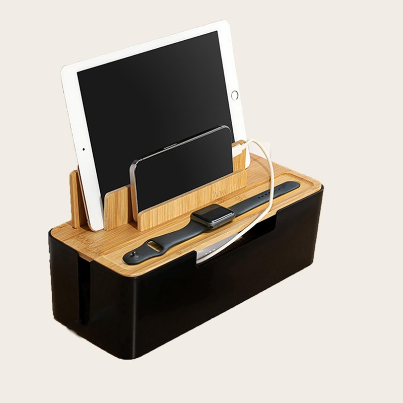 Catekro Cable Management Box With Bamboo Lid Cell Phone Tablet