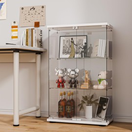 FANYUSHOW Glass Display Cabinet with Double Door and Lock, Quick-Install Style 3-Shelf Curio Cabinet 5mm Tempered Glass Floor Standing Bookshelf for Living Room, Bedroom, 49" H x 32''L x 14''W (White)