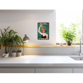 Be Kind to Your Mind Retro Metal Signs Funky Hippie Boho Room Decor Gift for Lady Woman Plant Lovers Home Bedroom Cafes Wall Art Sign 12 x 8 Inch