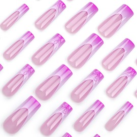 Obrem Long Square French Tip Fake Nails - 3D Water Droplet Designs, Full Cover Pink & White Glossy Glue-on Nails (24Pcs)