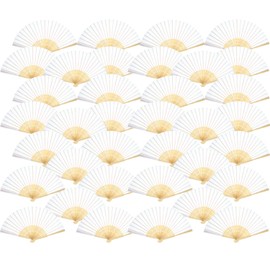 Bememo Hand Held Fans Silk Bamboo Folding Fans Handheld Folded Fan for Church Wedding Gift, Party Favors, DIY Decoration (White, 36 Pack)