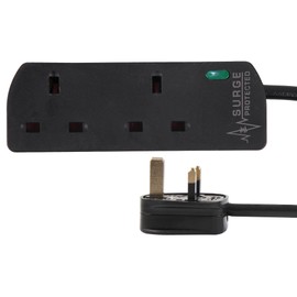 PRO ELEC PELB1989 Mains Extension Lead with Surge Protection, 2 Gang, 1m, Black