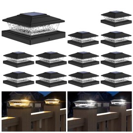 APONUO Solar Post Lights Outdoor, 2 Lighting Modes 16 LEDs Solar Post Cap Lights for 4x4 5x5 6x6 Vinyl Wooden Posts Waterproof Fence Post Lights Solar Powered for Deck/Fence/Porch (Black,12 Pack)