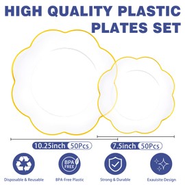 LIYH 100 Pcs Clear Plastic Plates - Plates Disposable Heavy Duty Elegantes Party Plate Fancy Scalloped Plastic Wedding Plate for Party Birthday Tea Party Bridal & Baby Shower