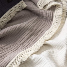 [Blanket Throw] Muted Colors Fashionable Gauze Blanket with Cute Fringes Children's Gauze Blanket, Fashionable, 100% Cotton, 4-ply Gauze, 39.4 x 51.2 inches (100 x 130 cm), Pink Beige