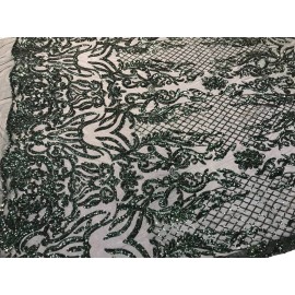 NEW CREATIONS FABRIC AND FOAM INC HUNTER GREEN SEQUINS DAMASK DESIGN EMBROIDERY ON A 4 WAY STRETCH MESH-BY YARD