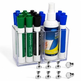 rhinocats Magnetic Pen Holder with 8 Magnetic Push Pins, Clear Magnetic Dry Erase Marker Holder, Locker Accessories, Large Capacity Pencil Holder for Whiteboard, Fridge, Office & Classroom Supplies