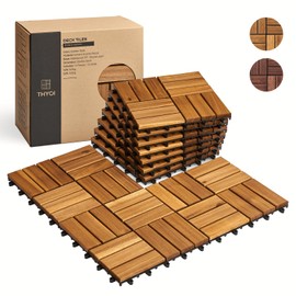 THYOI Acacia Wood Interlocking Deck Tiles (12" x 12"), Deck Flooring Outdoor Waterproof All Weather, Tiles for Patio, decking Tiles for Indoor and Outdoor use (Golden Teak 12S, 10 Pcs - 10 Square Ft)