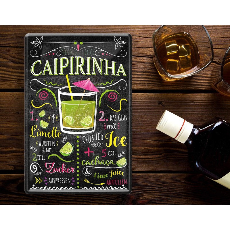 schilderkreis24 Tin Sign Cocktail Recipe "Caipirinha" Decorative Bar Kitchen Pub