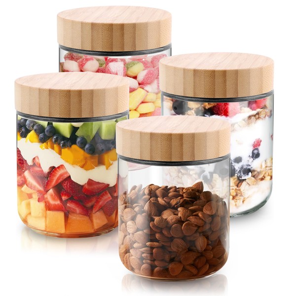 Glass jar with Bamboo lids 4 Set, 16oz overnight oats
