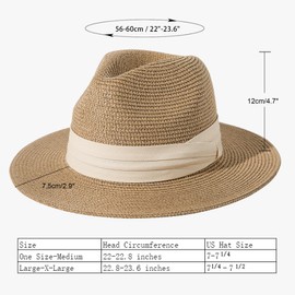 Lanzom Women Wide Brim Straw Panama Roll up Hat Fedora Beach Sun Hat UPF50+(Z-Beige Ribbon Brown,Large-X-Large)