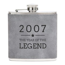 Engraved Grey Hip Flask - 2007 Year of The Legend Design - 18th Birthday Gifts for Boys - 6oz Leather Wrapped Canteen