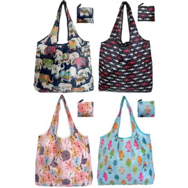 Noilk Reusable Grocery bags, 4 Pack - Lightweight And Compact, Grocery Totes Animal Printed, Machine Washable And Durable, Ideal For Groceries, Travel, And Daily Use, Shark 4 Pack, Large