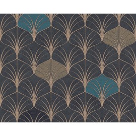 Sample for Display Purpose only.Concord Wallcoverings Textured Wallpaper Vintage Art Deco Pattern, Black Blue Gold, 7 in x 10 in, 374833