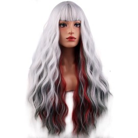BERON Silver and Red Green Wigs Curly Wavy Women Wigs with Bangs Mixed Color Heat Resistant Synthetic Wig for Christmas Cosplay or Daily Wigs Wig Cap Included