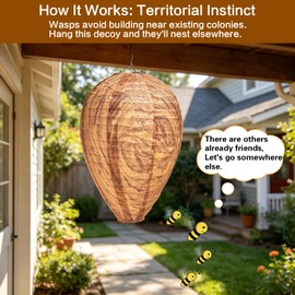 Fake Wasp Nest 4 Pack, Upgraded Waterproof Wasp Nest Decoy Outdoor Hanging, Realistic Artificial Hornet Nests with Stainless Steel Frame for Patio, Porch, Garden, Backyard, Under Eaves