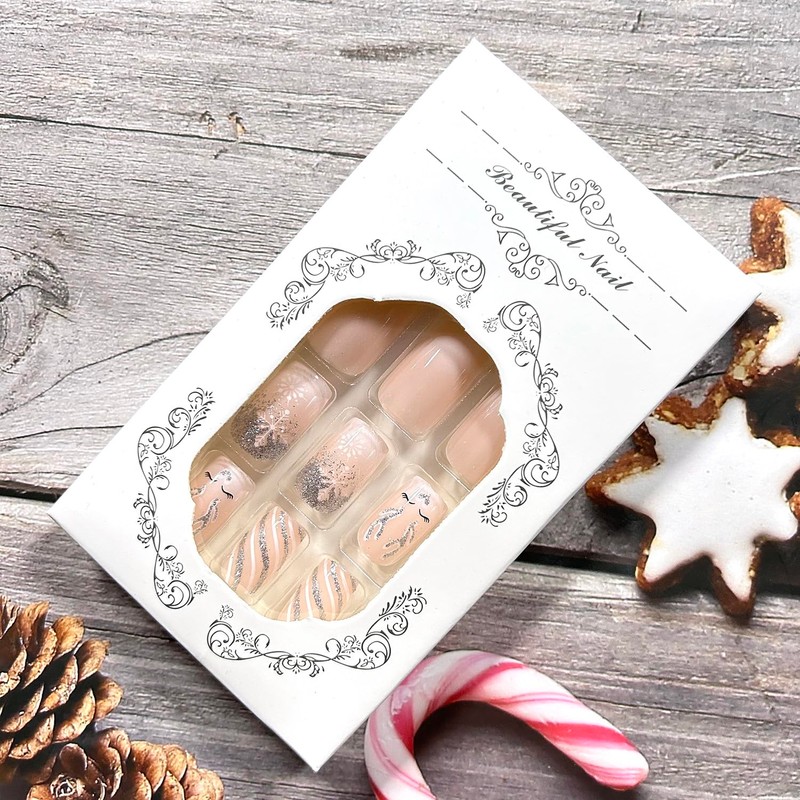 24Pcs Christmas Press on Nails Medium Artificial Square Acrylic False
