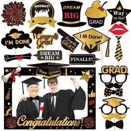 WEIKA Graduation Photo Booth Props 2025 - Pack of 21, with Large Size Graduation Photo Frame, Black Gold Graduation Photo Props, Graduation Party Decorations Class of 2025, Grad Party Picture Props