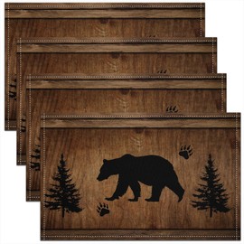 Lodge Cabin Placemats Black Bear Wild Animal Outdoor Trees Place Mats for Kids Teens Adults Retro Wood Stripes Rustic Farmhouse Style Kitchen Mats for Dining Table 12x18 Inch Set of 4