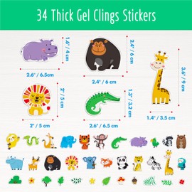 34PCS Wild Animal Jelly Stickers, Thick Window Door Clings Removable Reusable Gel Clings Decals for Kids Toddlers Adults Home Classroom Nursery Animal Theme Party Supplies Decorations (Not Edible)