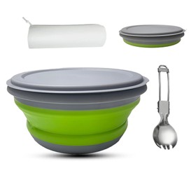 RMAMSCOV Camping Bowl, 1 PCS Food Grade Silicone Collapsible Bowl Lunch Box Salad Bowl with Lid, Expandable Food Storage Containers Set with Free folding tableware and storage bag (Green-600ml)