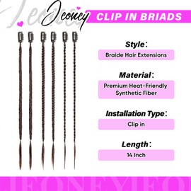 6PCS Braided Hair Extensions, 14 Inch Clip in Synthetic Braid Hairpieces, Women's Braid Hair Extensions, Ideal for Daily Wear, Suitable for Party Use (Dark Chocolate Brown, 14 Inch)