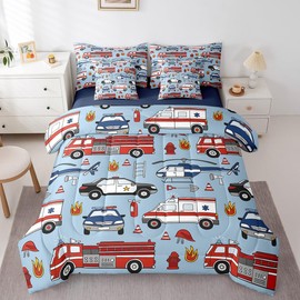 Feelyou Cartoon Police Car 7 Pieces Bed in a Bag Set Red Fire Truck 7 PCS Comforter Set with Sheets for Kids Boys Fire Extinguisher Comforter Set with Sheets Airplane Bed in a Bag