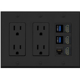 RiteAV 3 Port HDMI 2 Port USB 3.0 1 CAT6-RJ45 Wall Plate - 3 Gang 2 Outlet [Black/Black]