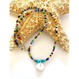 Puka Shell Turquoise Beaded Necklace, Multicolored African Seed Beads, Hawaiian Shell Necklace, Beach Girl Choker, Boho, Sterling Silver