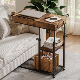 ChooChoo End Table Adjustable Height, Mobile Laptop C Shaped Rolling Desk, Bedroom Living Room Couch Table Rustic Brown