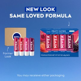 NIVEA Lip Care, Fruity Tinted Lip Balm Variety Pack, Cherry, Strawberry, Blackberry and Watermelon Flavors, 3-in-1 Moisture, Repair and Color, 0.17 Oz Stick, Pack of 4