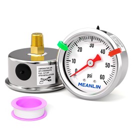 MEANLIN MEASURE 0~60Psi Pressure Gauge, Glycerin Filled 1/8" NPT 1.5" FACE DIAL, Stainless Steel Liquid Filled Pressure Gauge WOG Water Oil Air Back Mount (with 2PCS Snaps)