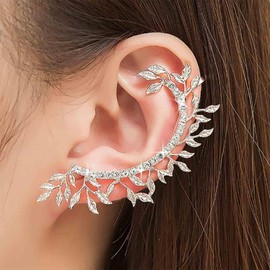 Jugielu Crystal Leaf Ear Climber Cuff Earrings Rhinestone Leaf Cuff Wrap Earrings Silver CZ Leaf Stud Earrings Sparkly Crystal Cartilage Crawler Earrings Cz Branch Cartilage Cuff Earrings Jewelry