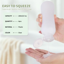 owlyee 6.7oz Travel Shampoo Bottle, Empty Plastic Squeeze Bottles with Flip Cap, 4PCS Lotion Container for Toiletries (200ml,Clear)