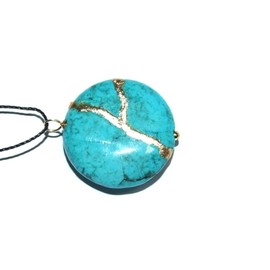 23mm Turquoise Howlite Recovery Pendant Mended with 23k Gold, Kintsugi Cord Necklace
