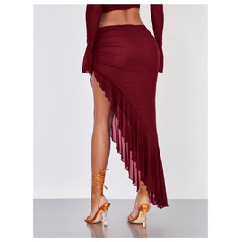 Verdusa Women's Asymmetrical High Slit Mesh Long Skirts Ruffle Hem Ruched Flowy Bodycon Skirt Burgundy Medium