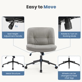 DUMOS Criss Cross Chair with Wheels, Legged Office Armless Wide Seat, Adjustable Swivel Leather Task Vanity Home Office Desk Seating for Bedroom Dorm Student