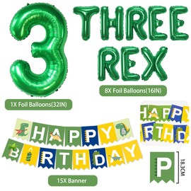 Dinosaur 3rd Birthday Decorations for Boys - Green Themed Three Rex and Number Foil Balloons, Dino Happy Birthday Banner Dinasour Hanging Swirls Decor for Kids 3 Years Old Jungle Party Supplie