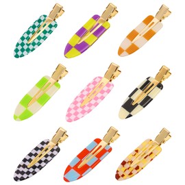 Mini Skater 9Pcs No Bend Hair Clips 2.36" Bang Seamless Hairpin No Crease Curl Pin Clip Duckbill Hair Barrette Accessories for Women Hair Styling and Makeup Application,Checkerboard Style